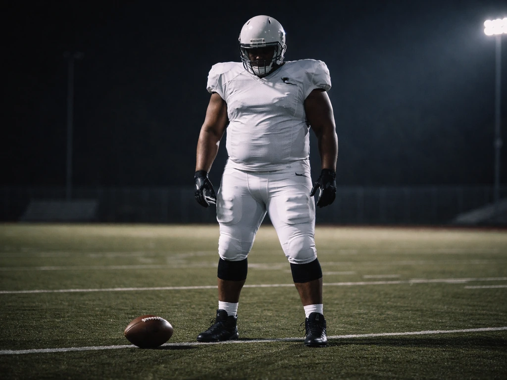 Anonymous football offensive lineman in padded gear on an empty field with a football nearby