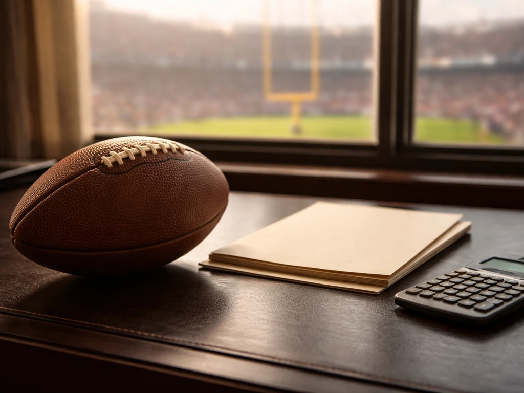 Football on an office desk with contract folder and calculator, blurred stadium window in the background.