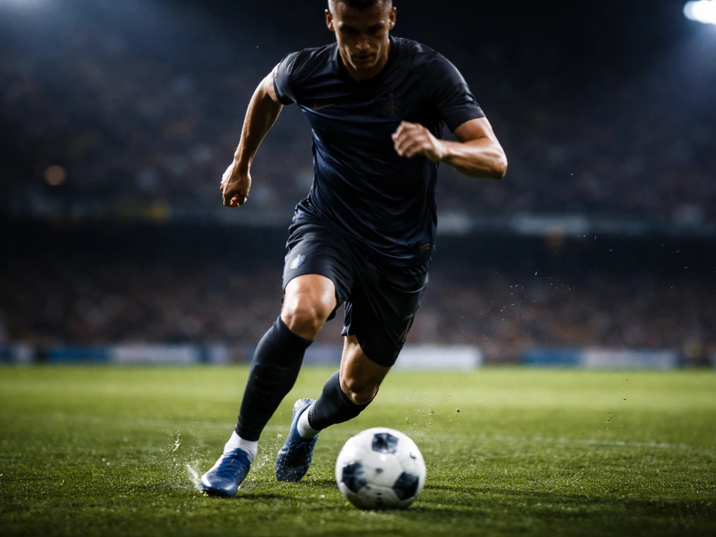 Inter Milan–style match scene with a focused football player action shot, no recognizable identity