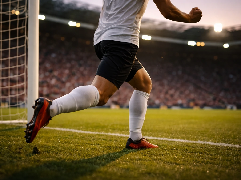 Anonymous football celebration near the goal with a blurred stadium and goal net backdrop.