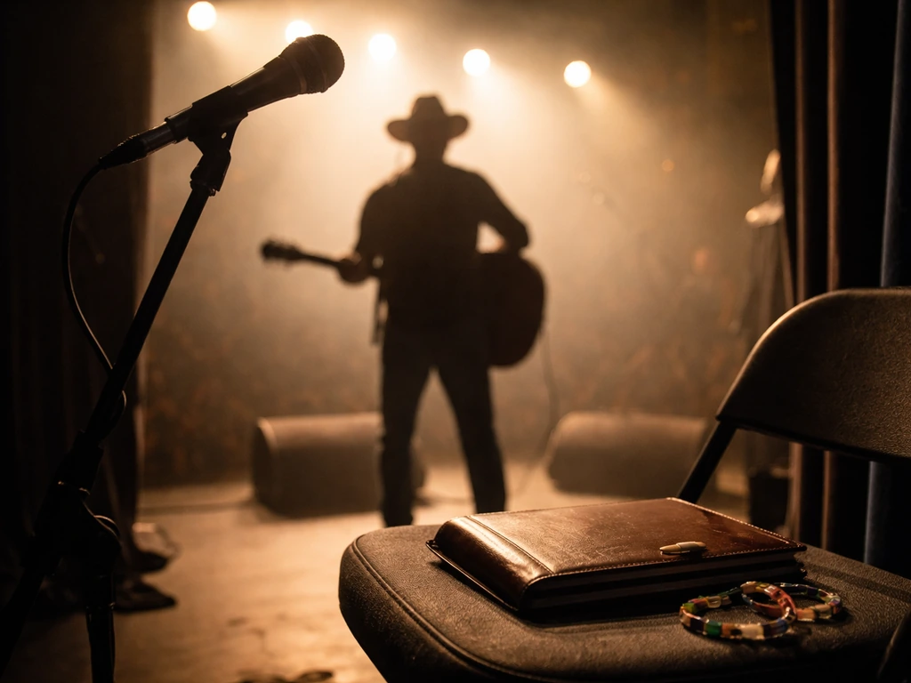 Anonymous musician with an acoustic guitar and microphone on a warm stage, minimal and symbolic