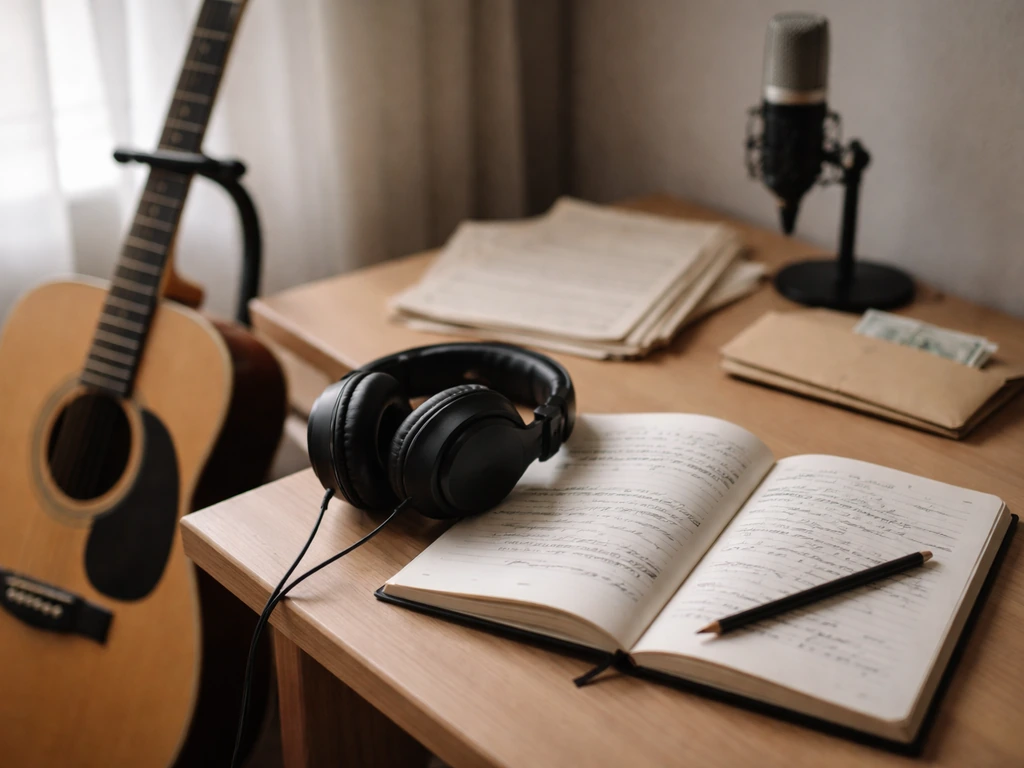 Minimal photo of a songwriter’s desk with a notebook, headphones, and a guitar, suggesting multiple royalty income sourc