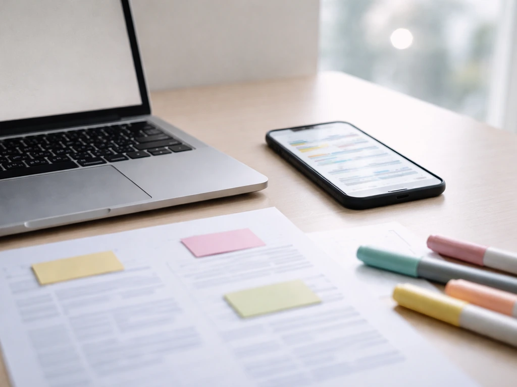 Minimal desk scene with blurred spreadsheet-like pages, sticky notes, and office analysis tools.