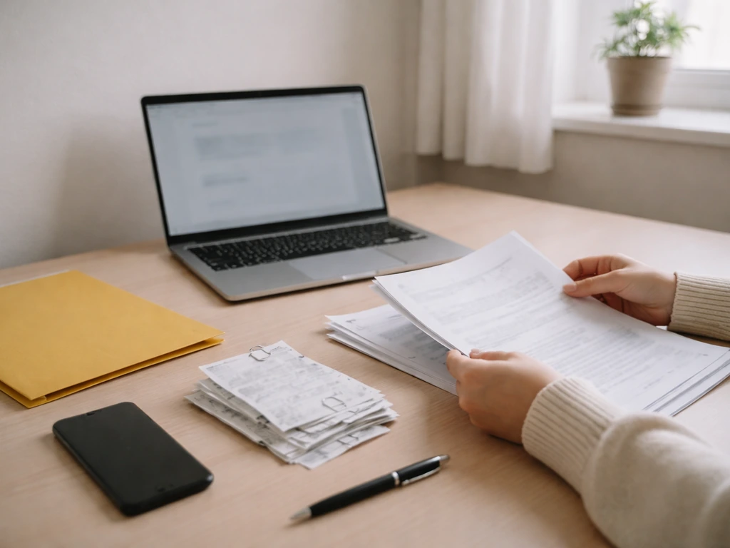 Minimal desk scene with open laptop and documents for verifying music credits and figures