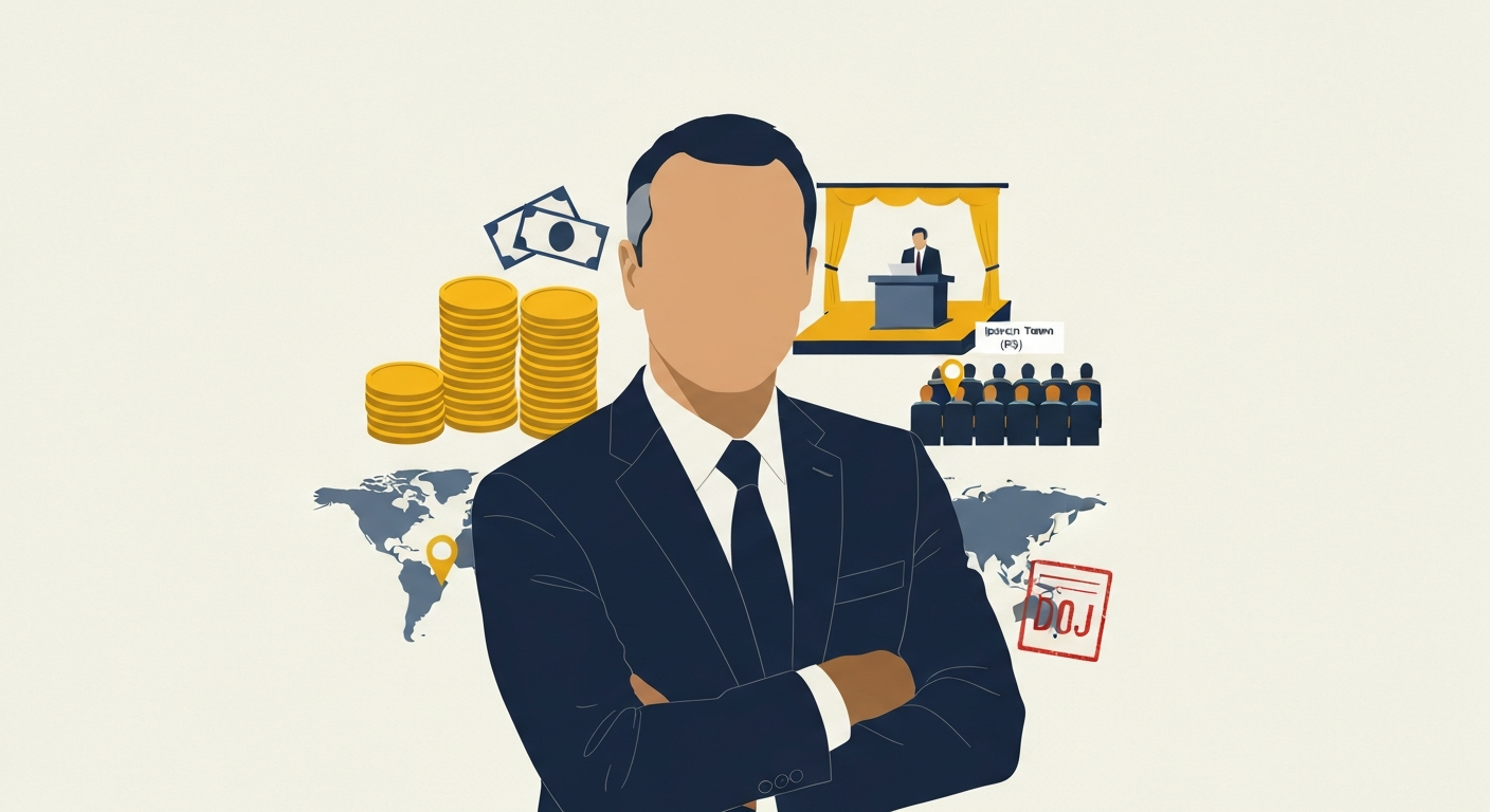 Stylized editorial illustration of a businessman silhouette surrounded by icons for events, money, Ipswich Town, and a DOJ document.