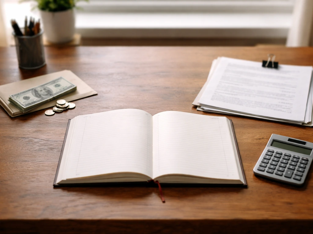 Minimal photo of an open ledger book with cash and a calculator on a desk, showing assets minus liabilities concept