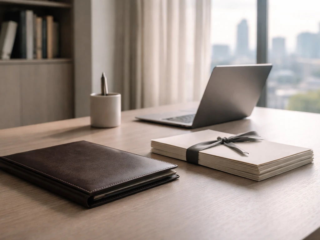 Minimal luxury office desk with investment-themed objects and a laptop, suggesting venture investing and a fund.