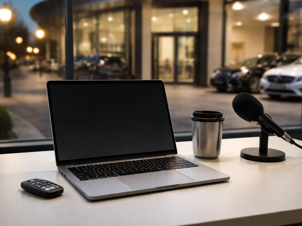 Desk setup with car keys and blurred luxury showroom outside, symbolizing a brand partnership endorsement scene.
