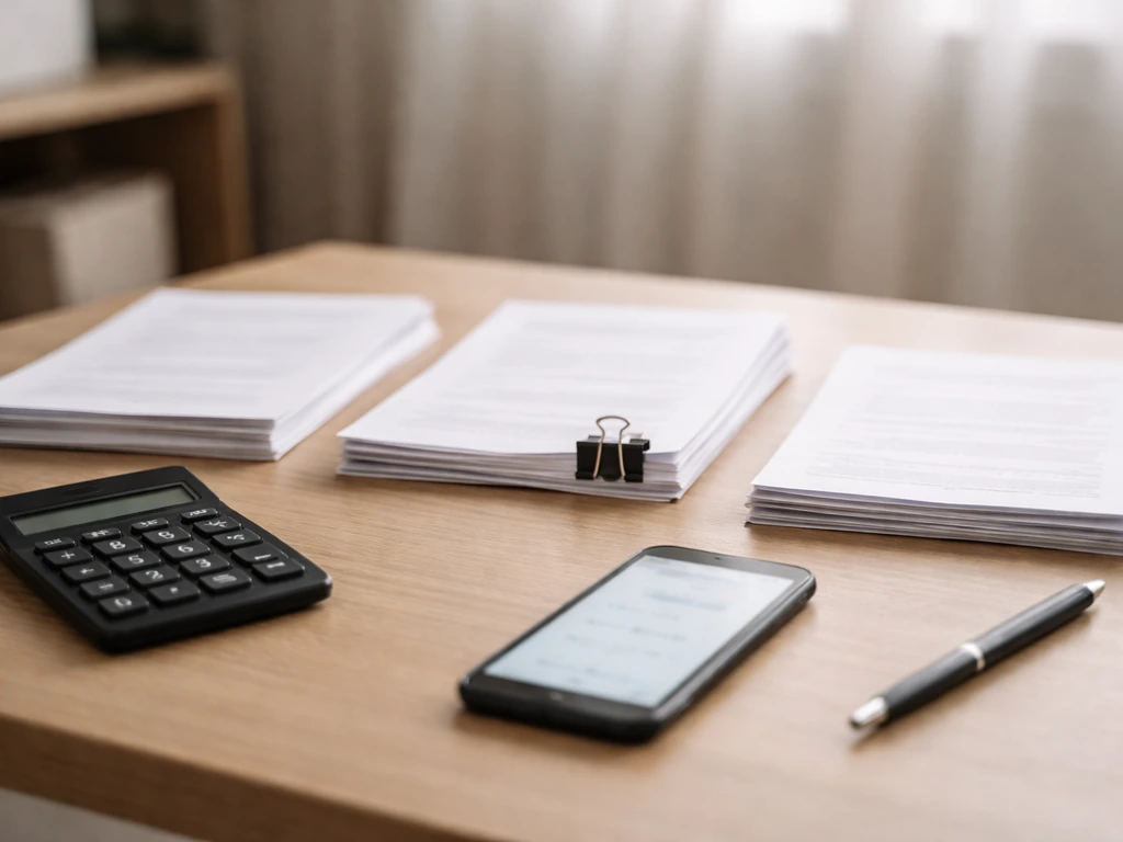 Minimal desk scene with contract-style papers, a calculator, and a phone showing conflicting figures, no readable text.