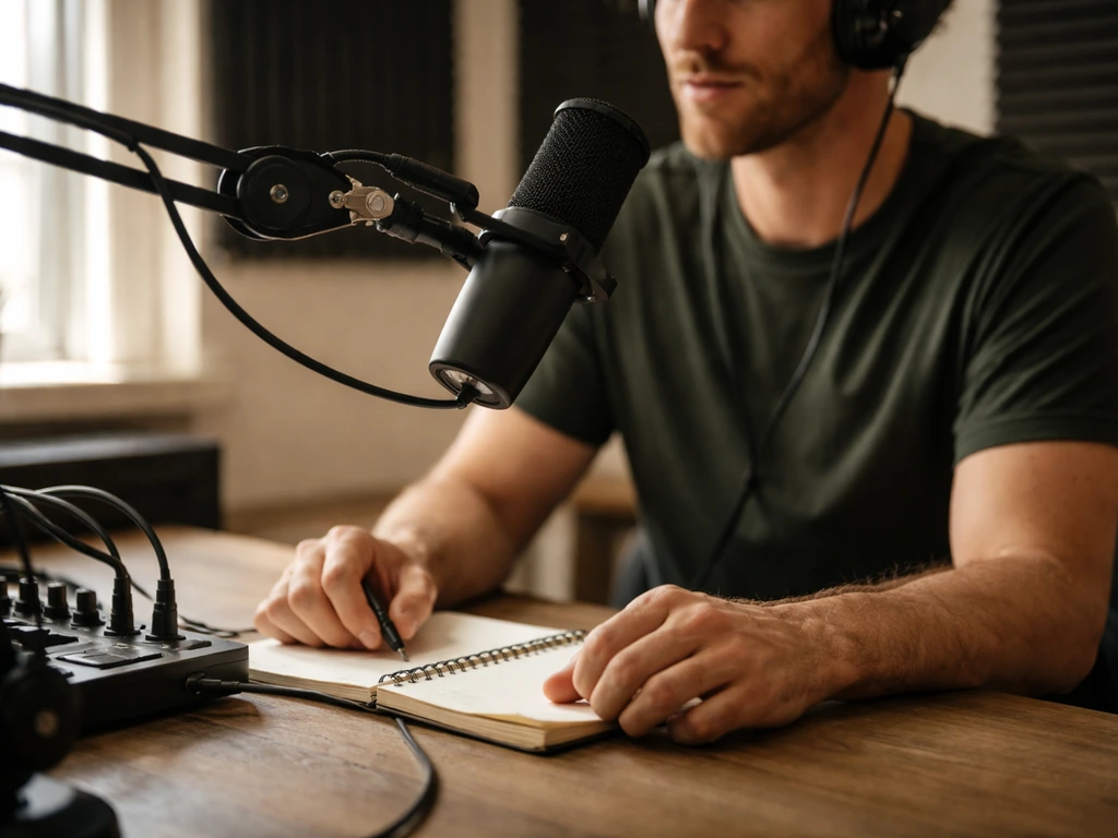 Podcast host at a small studio desk with a microphone and headphones, suggesting Last Podcast Network.
