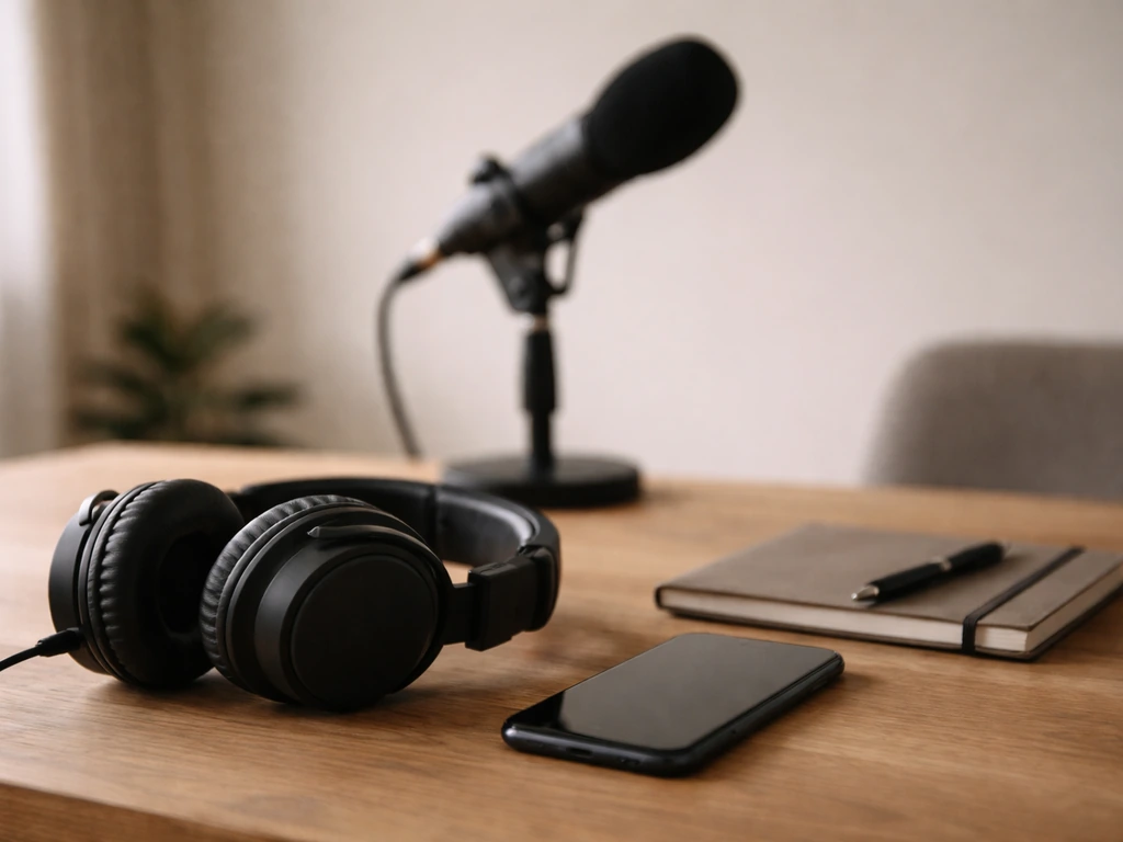 Minimal photo of a podcast studio desk with headphones and a smartphone showing a blank screen, symbolic finance analysi