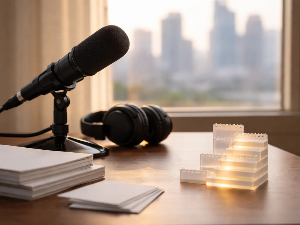 Minimal studio desk with a microphone and a simple layered timeline of cash-like props suggesting media growth.