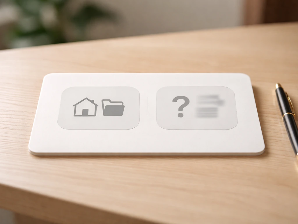 Minimal comparison card concept with two blank icon tiles: real estate/public records vs unknown investments/liabilities