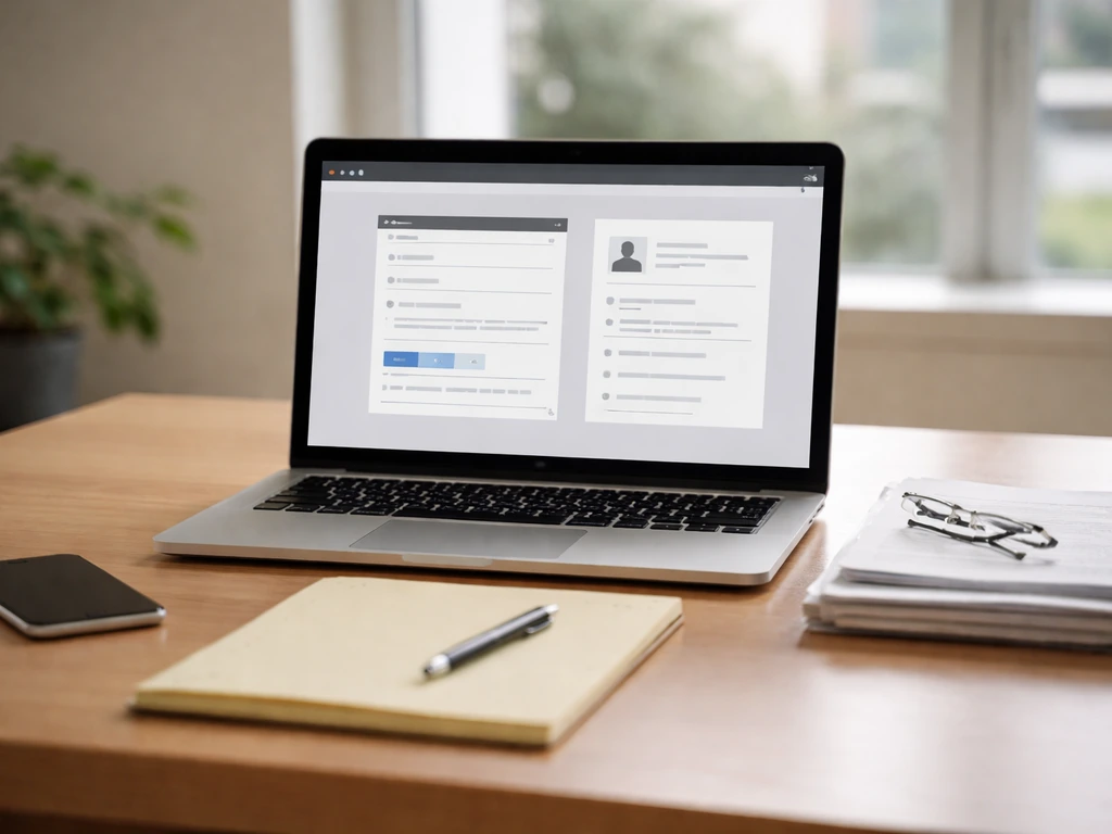 Minimal office desk with laptop showing illustrative corporate registry and lookup cards, no readable text.