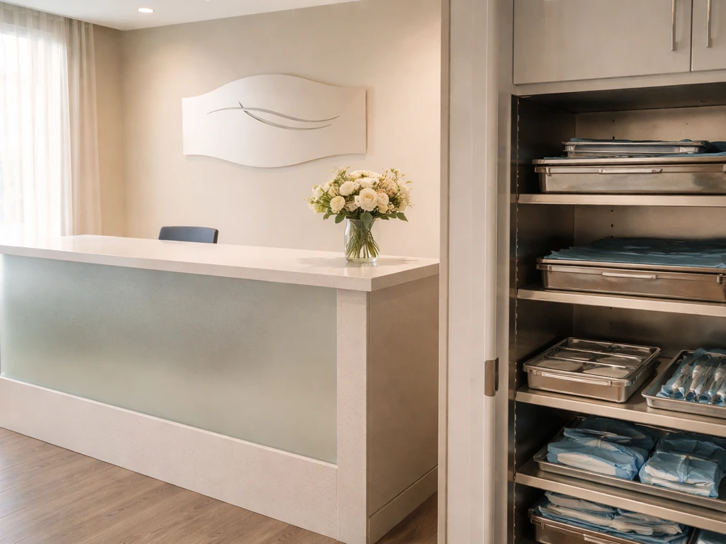 Minimal reception/front desk of a private surgical practice with a medical instruments cabinet in view.