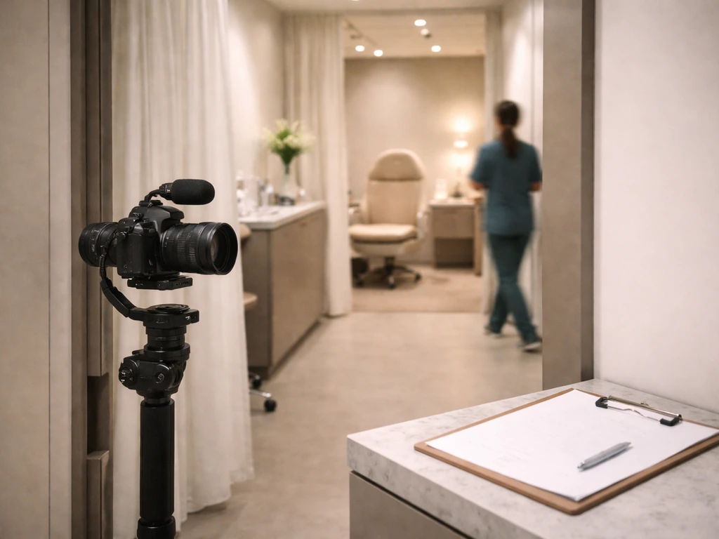 Production camera on gimbal in a quiet plastic surgery clinic hallway near an exam room privacy screen