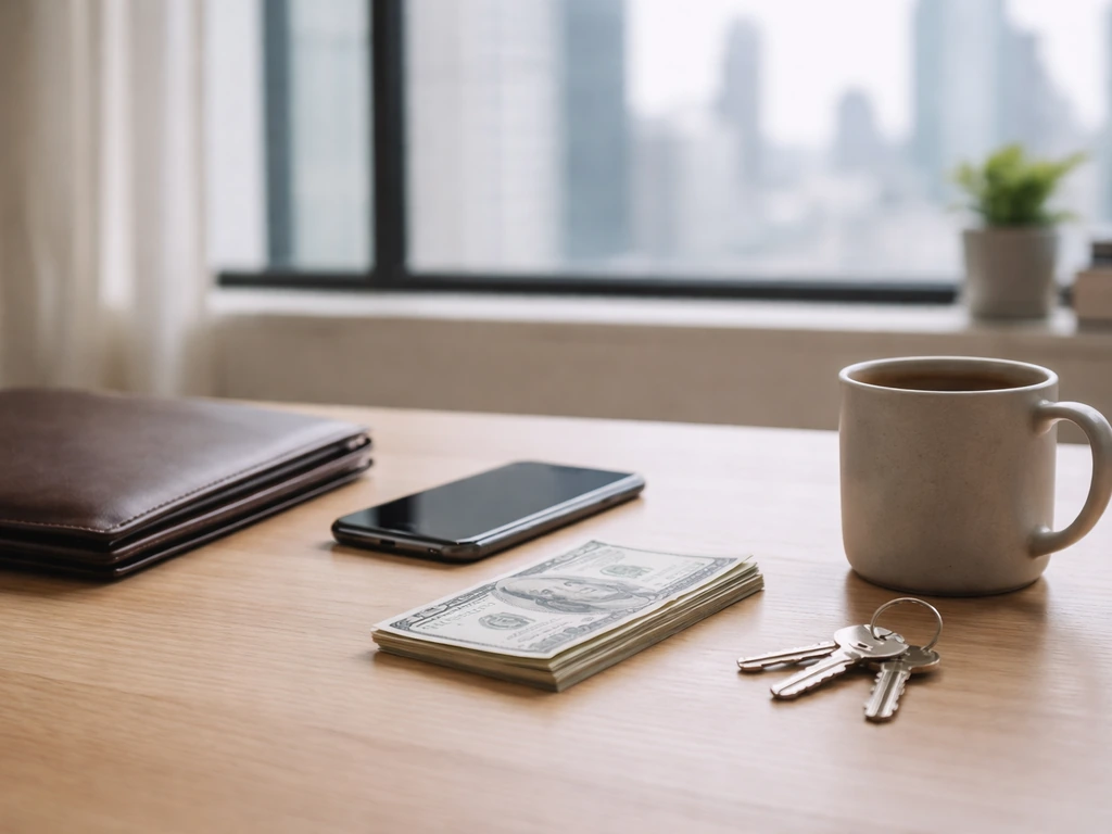 Minimal desk scene with money and business items symbolizing a net worth breakdown basis