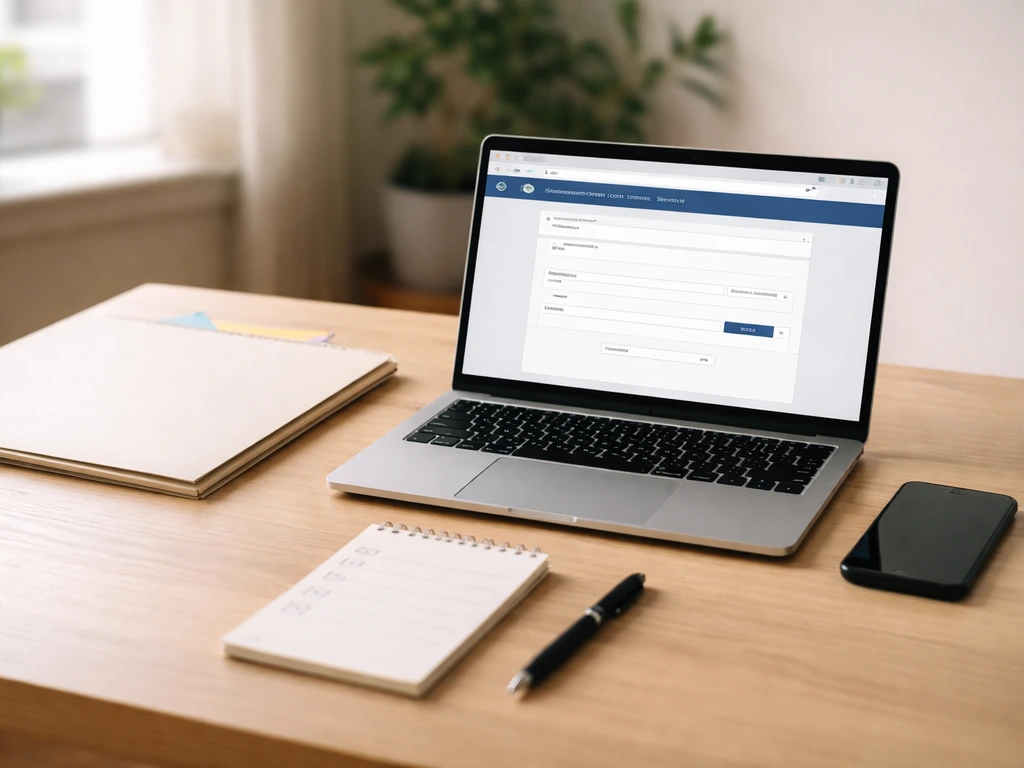 Minimal desk scene with laptop open to a corporate search page, plus phone and blank checklist items.