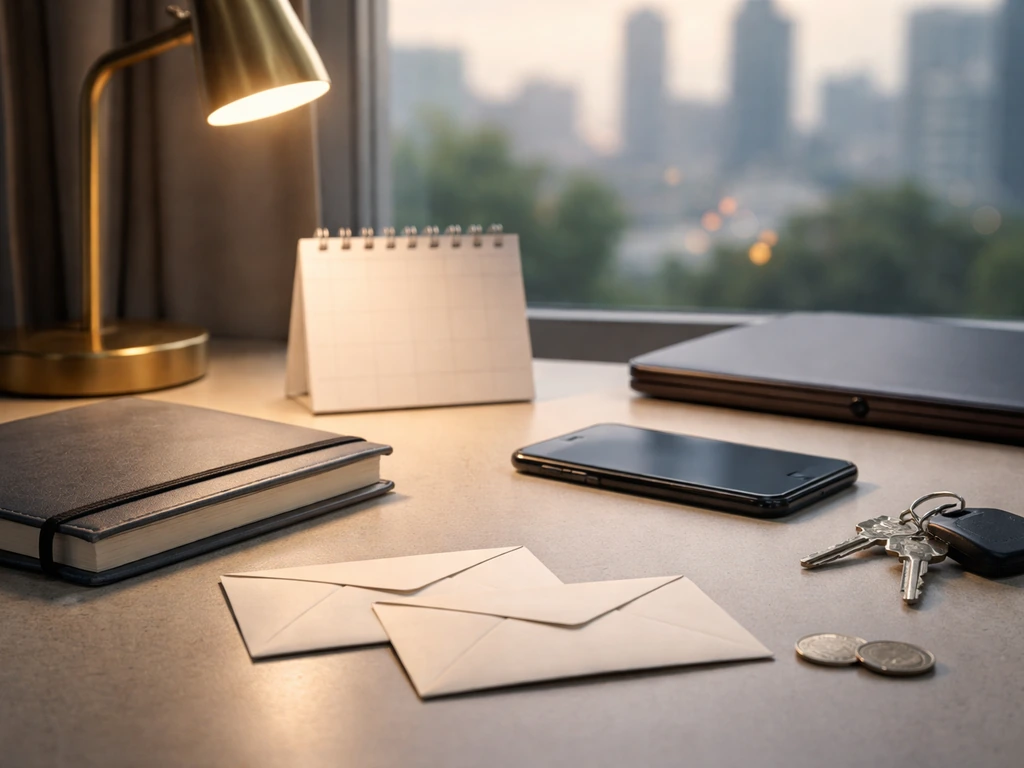 Minimal desk scene with blank calendar, phone, envelopes, and coins suggesting financial identity confusion