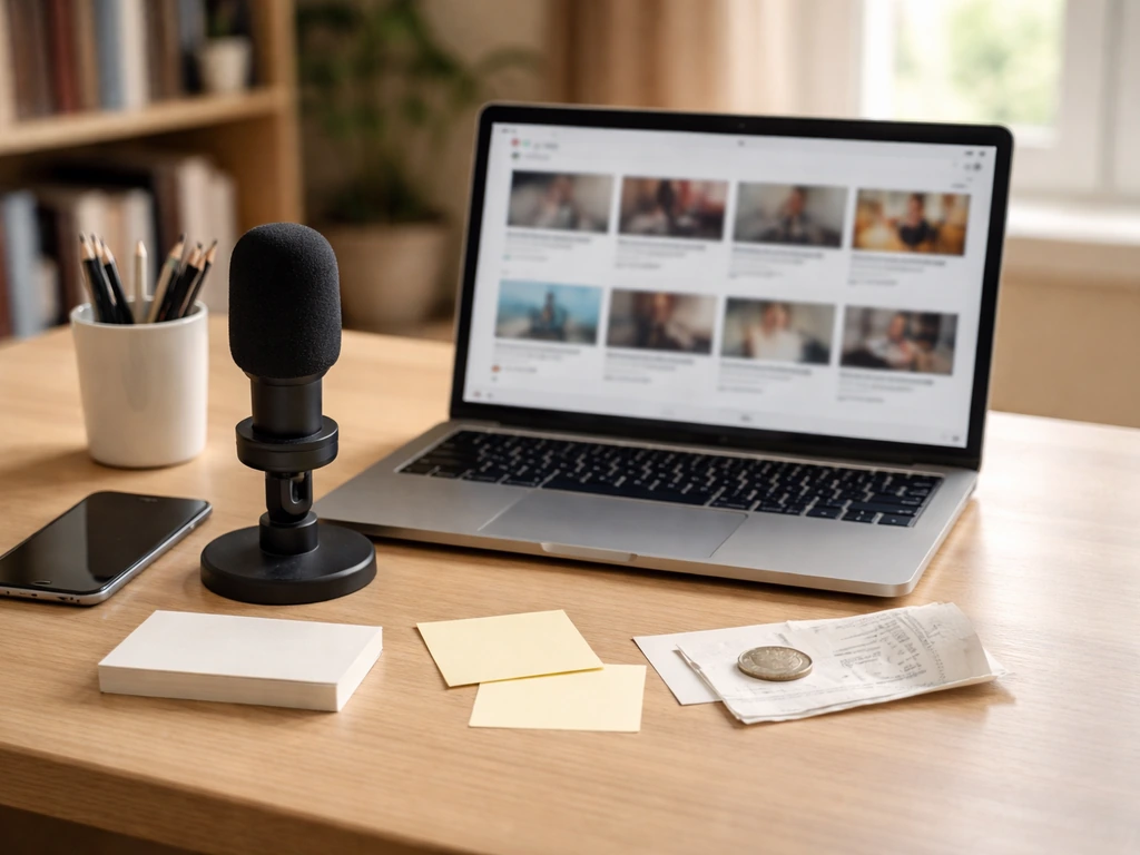 Minimal desk scene with laptop media thumbnails, microphone, and payment cues like coins and receipts.