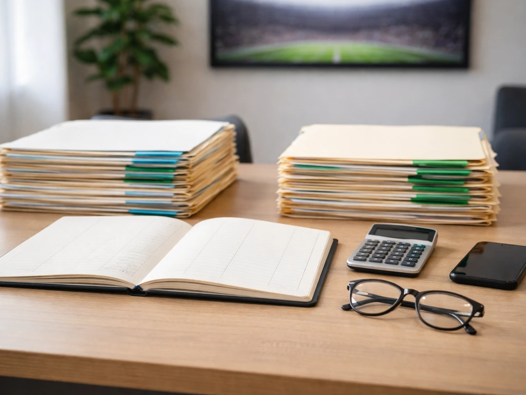 Minimal desk with two folder stacks, open blank ledger, calculator, and phone, symbolizing identity verification for net