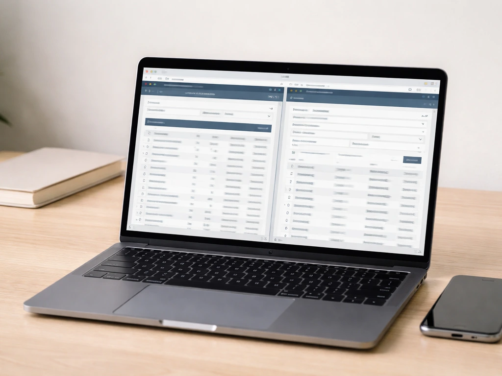 Minimal desk photo with laptop showing two blurred public-lookup panels for verifying figures.