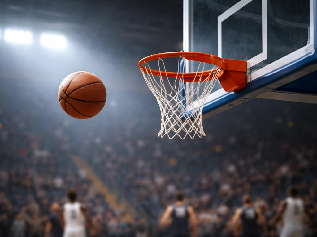 Basketball arcing toward the hoop in an NBA arena, with blurred players in the distant background.