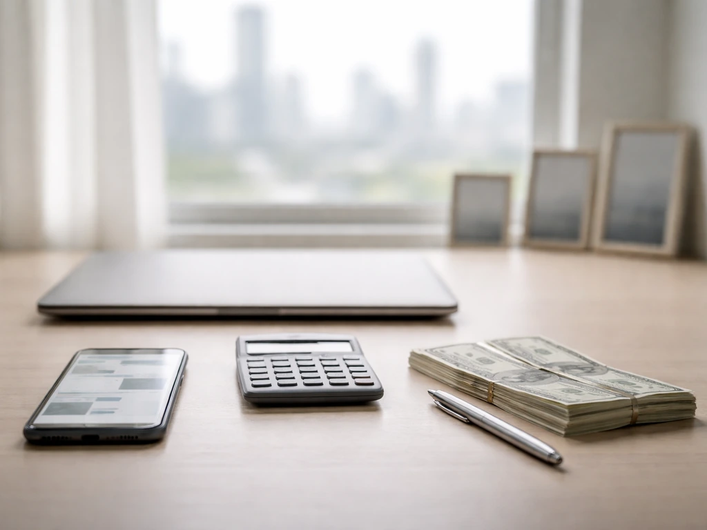 Minimal finance desk scene with blurred phone, calculator, and money symbolizing estimated net-worth trends.