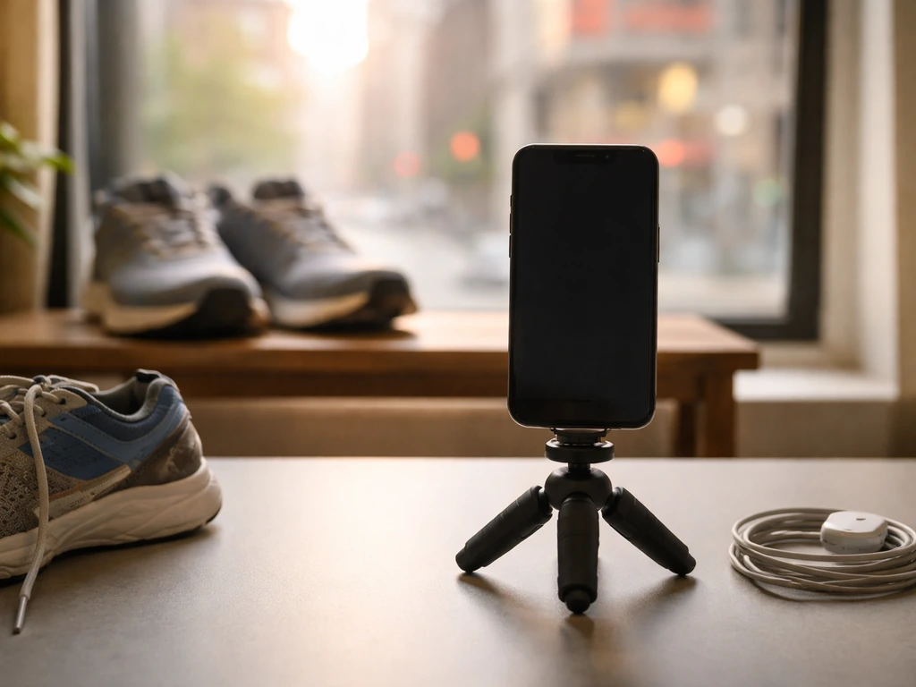 Fitness-themed creator desk scene with camera setup, evoking a runner entrepreneur’s online presence