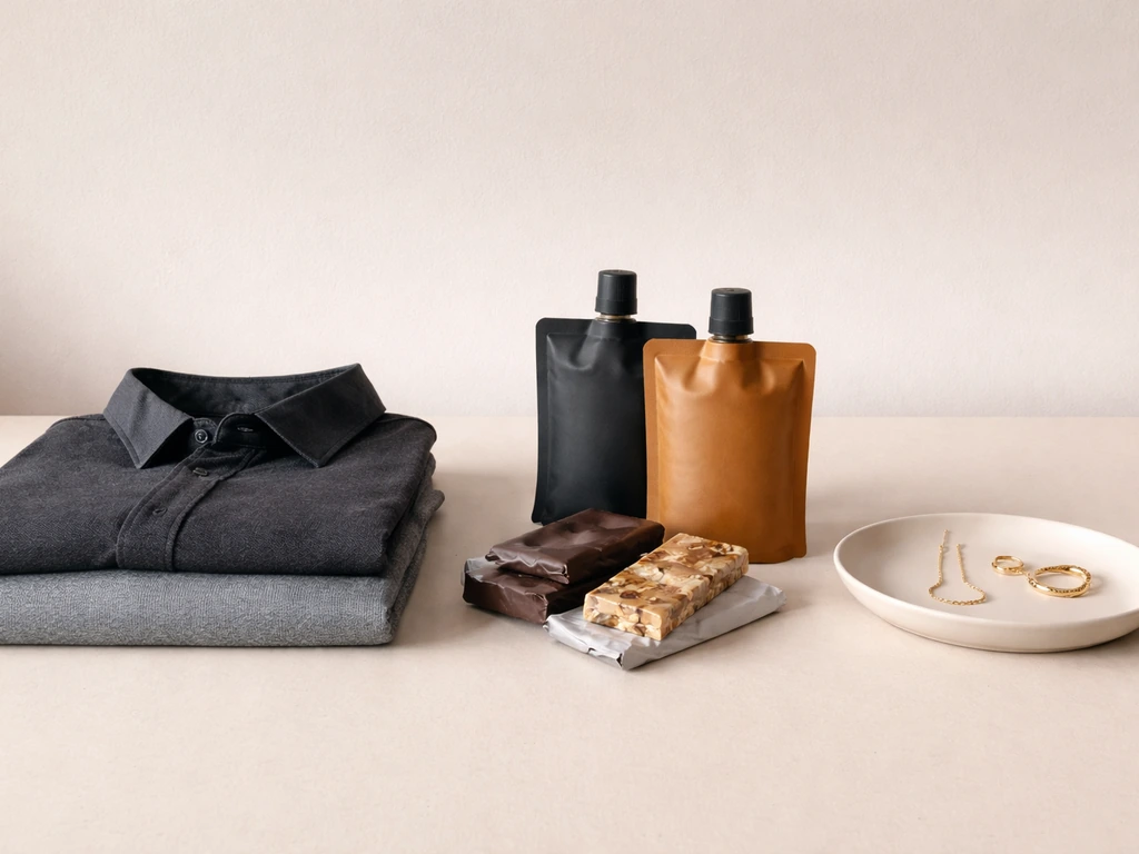 Minimal still life of premium men’s clothing, endurance nutrition, and Italian jewelry on a clean neutral surface.