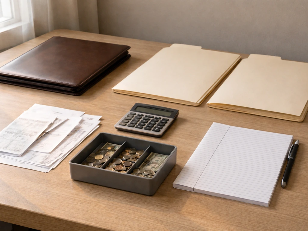 Minimal office desk with scattered paper folders and a small cash box, symbolizing assets vs liabilities.