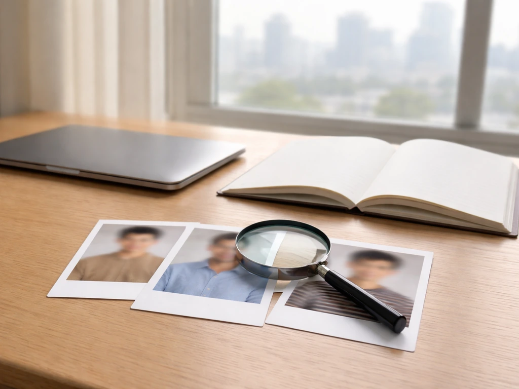 Minimal desk scene with magnifying glass over blurred photo cards, suggesting search-result disambiguation