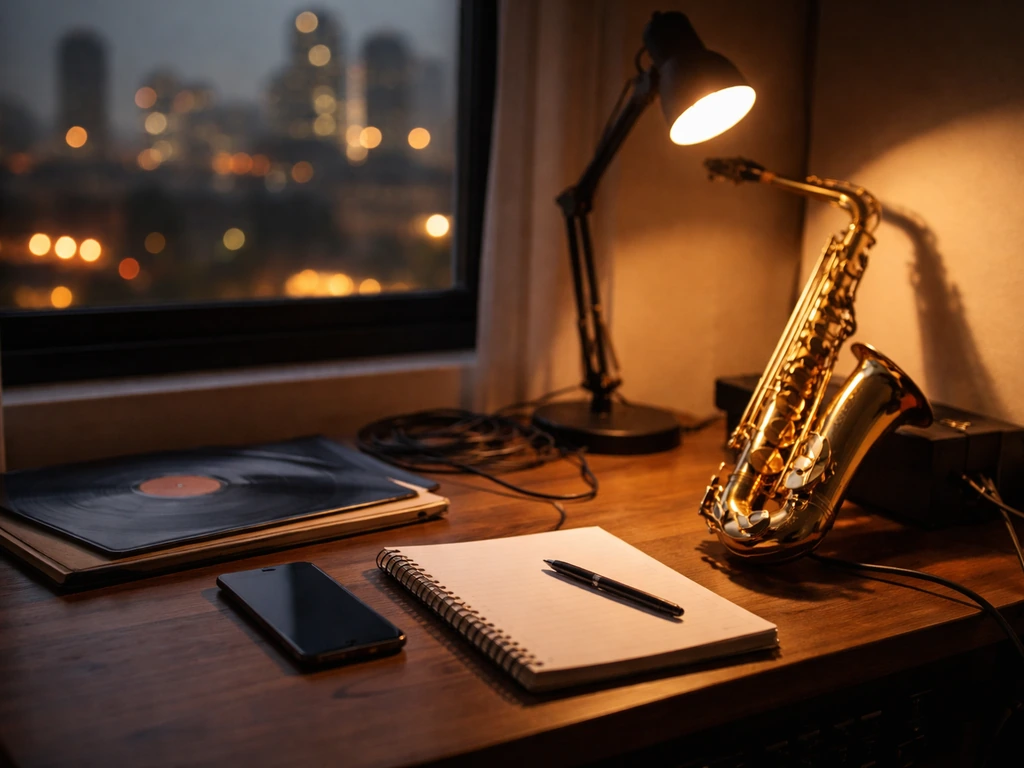 Minimal music studio desk with a saxophone and vinyl, suggesting multiple music income streams.