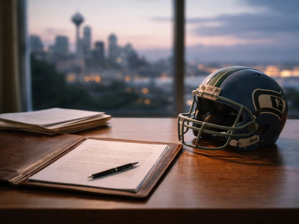 Seattle-themed contract document on a desk with a football helmet and blurred city skyline in the background.