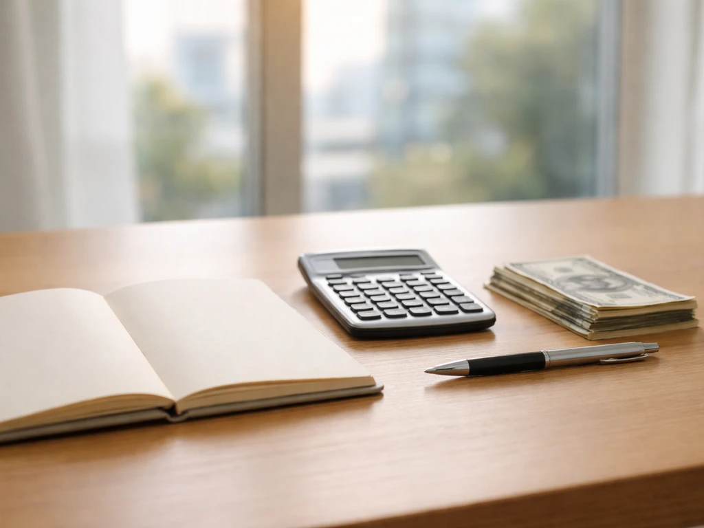 Minimal desk scene showing a small stack of cash beside a notebook and a calculator, symbolizing wealth breakdown
