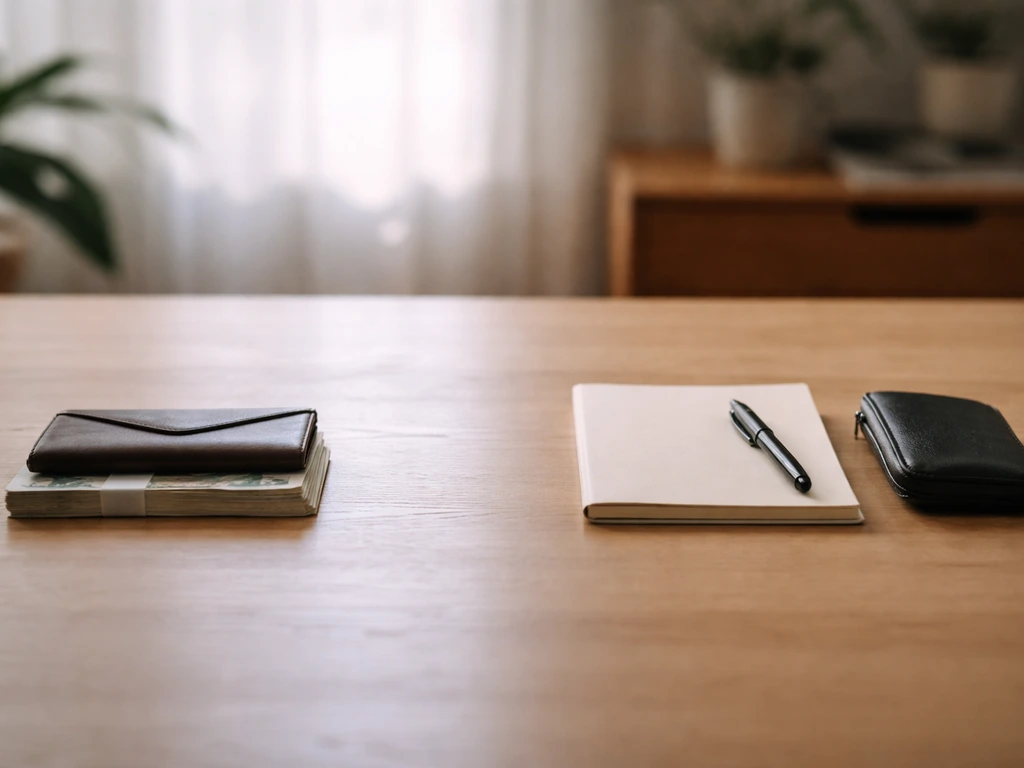 Minimal desk scene showing an envelope and scattered money beside a ledger-like notebook, symbolizing earnings vs net wo