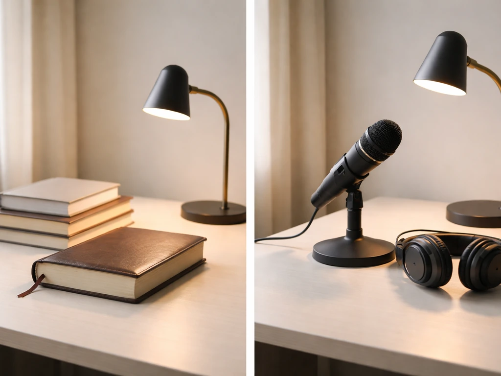 Minimal desk scene split by objects: Bible and books beside a microphone and headphones, no people or text.