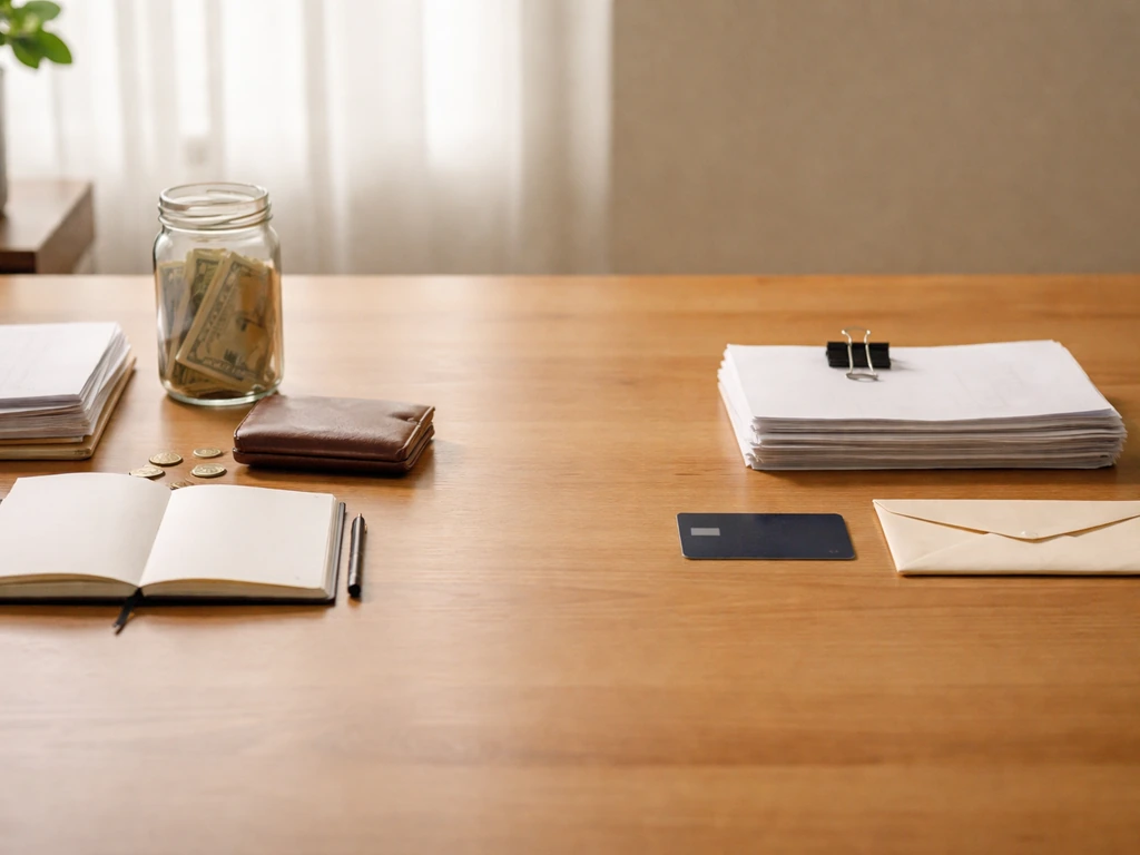 Office desk objects arranged to suggest assets on one side and debts on the other.