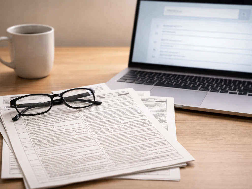 Close-up of nonprofit finance paperwork and a laptop displaying a generic search page, symbolizing IRS Form 990 data ana