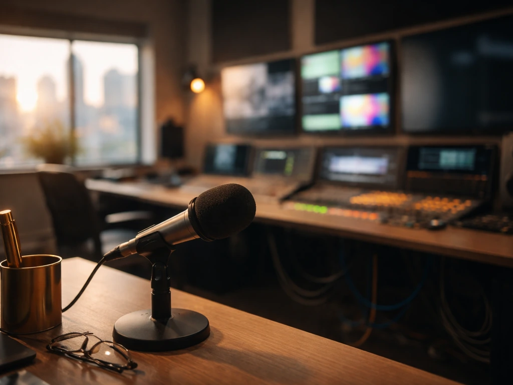 Unattended TV studio desk with a microphone and soft monitors, symbolizing daytime television income sources.