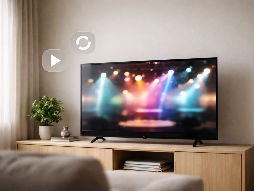 Minimal TV showing repeated episode playback with subtle streaming/rebroadcast icons
