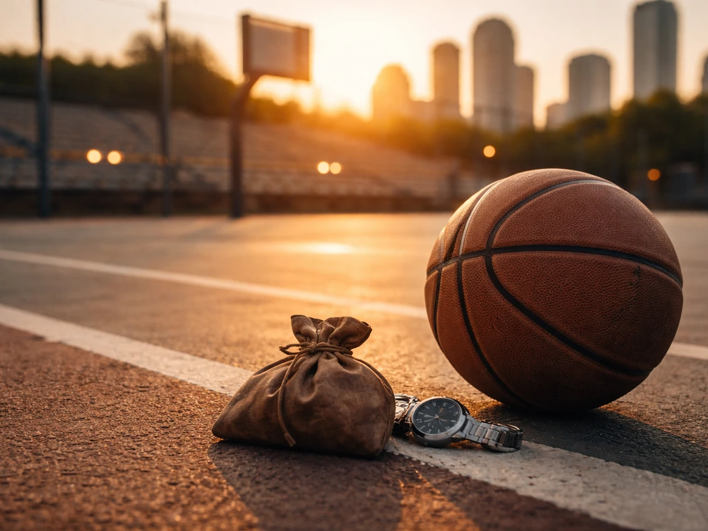 Worn basketball on a quiet court beside a money pouch and watch, implying sports earnings and assets.