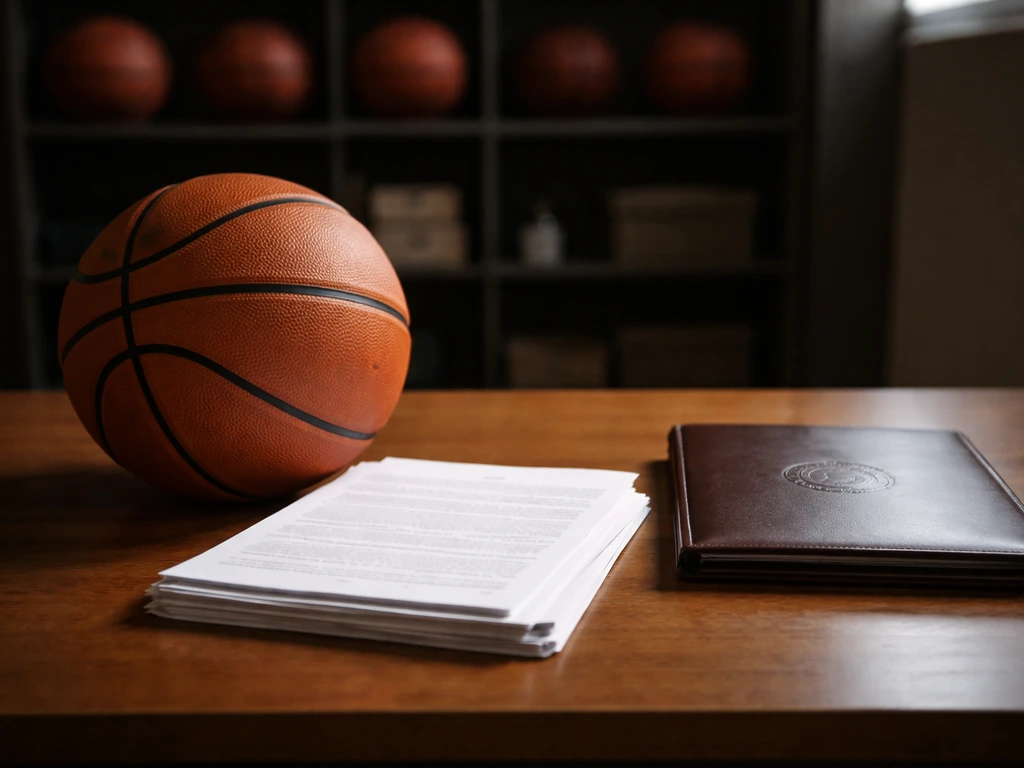 Basketball and plain contract documents on a wooden desk in a quiet sports office.