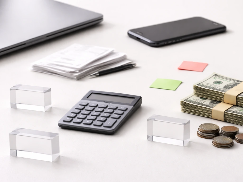 Calculator, currency, and blank numeric blocks on a desk symbolizing salary + earnings minus taxes.