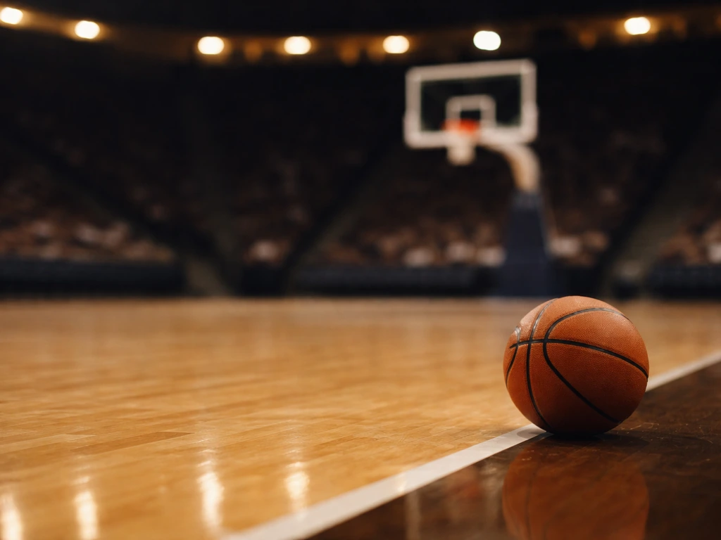 Empty basketball arena court with warm arena lights, evoking a contract peak era without showing any player