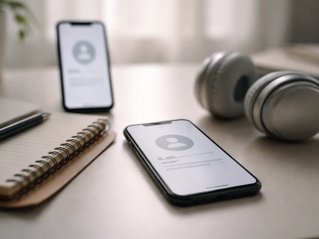 Minimal desk scene with a phone showing a generic social media profile, symbolizing name confusion