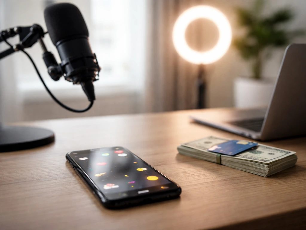 Anonymous home studio desk with smartphone, microphone, and cash suggesting social media monetization