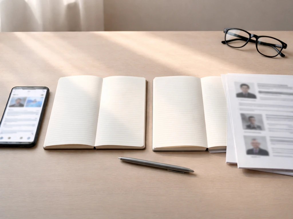 Minimal desk scene with two blank notebooks and a smartphone suggesting verified vs inferred data checking.