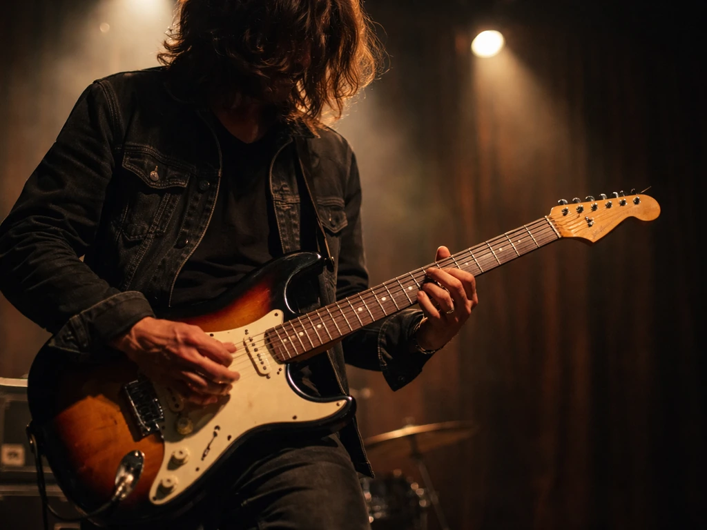 Anonymous rock musician playing a vintage electric guitar under warm stage lights on a small stage.