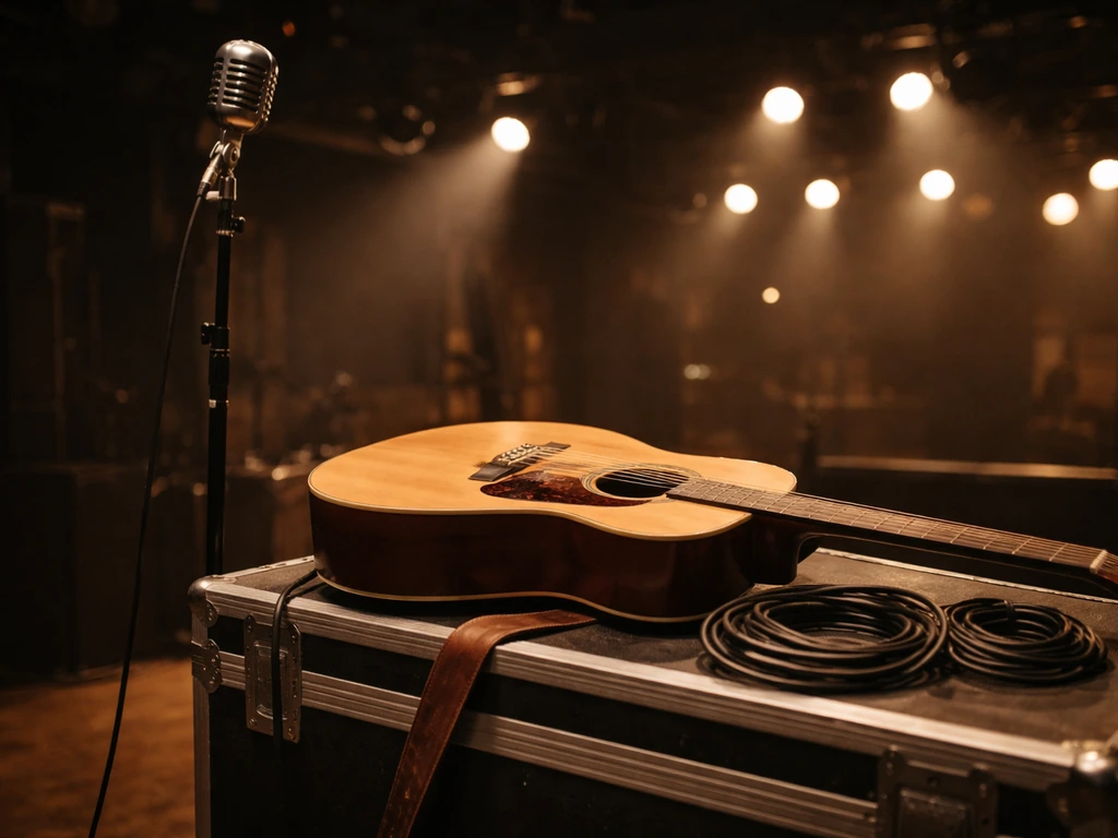 Acoustic guitar and microphone stand on a small stage with minimal venue gear, no people visible.